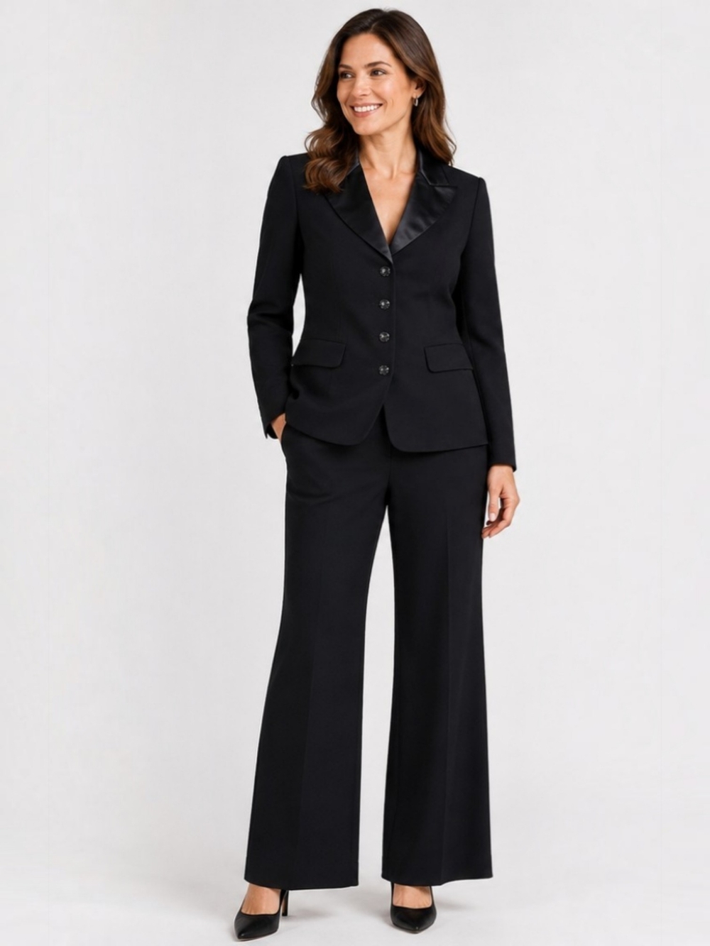 Talbots Black Crepe Pant Suit Size 8 Satin Collar Classic Career Suit